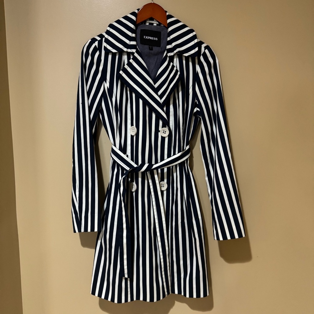 Express Navy and White Striped Double-Breasted Trench Coat